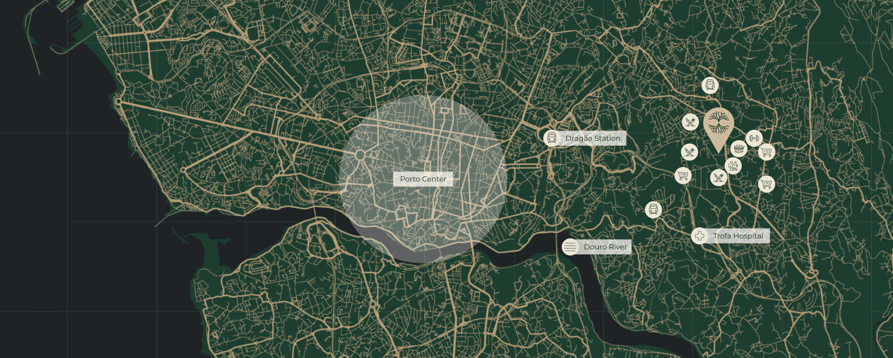 Mapa da envolvente — Porto Center, Douro River, Dragão Station e pontos de interesse perto do projeto